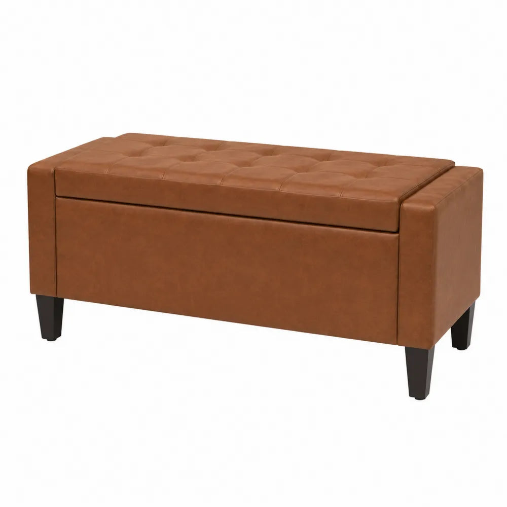 Panca contenitore imbottita in pelle sintetica marrone caramello struttura in legno multistrato con seduta trapuntata e vano contenitore circa 100 cm 40 cm 45 cm