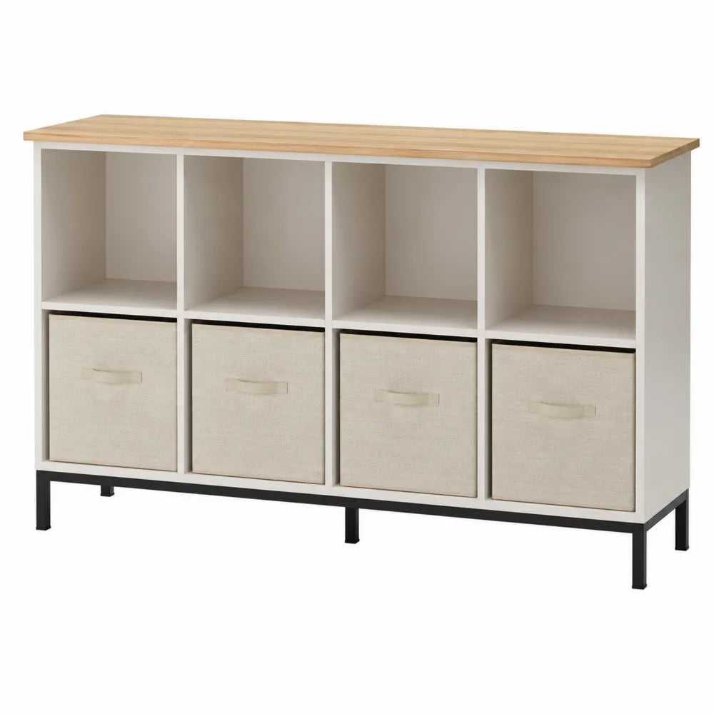 Credenza contenitore 120 cm x 40 cm x 80 cm in MDF bianco con piano effetto legno naturale struttura in metallo nero e cassetti in tessuto