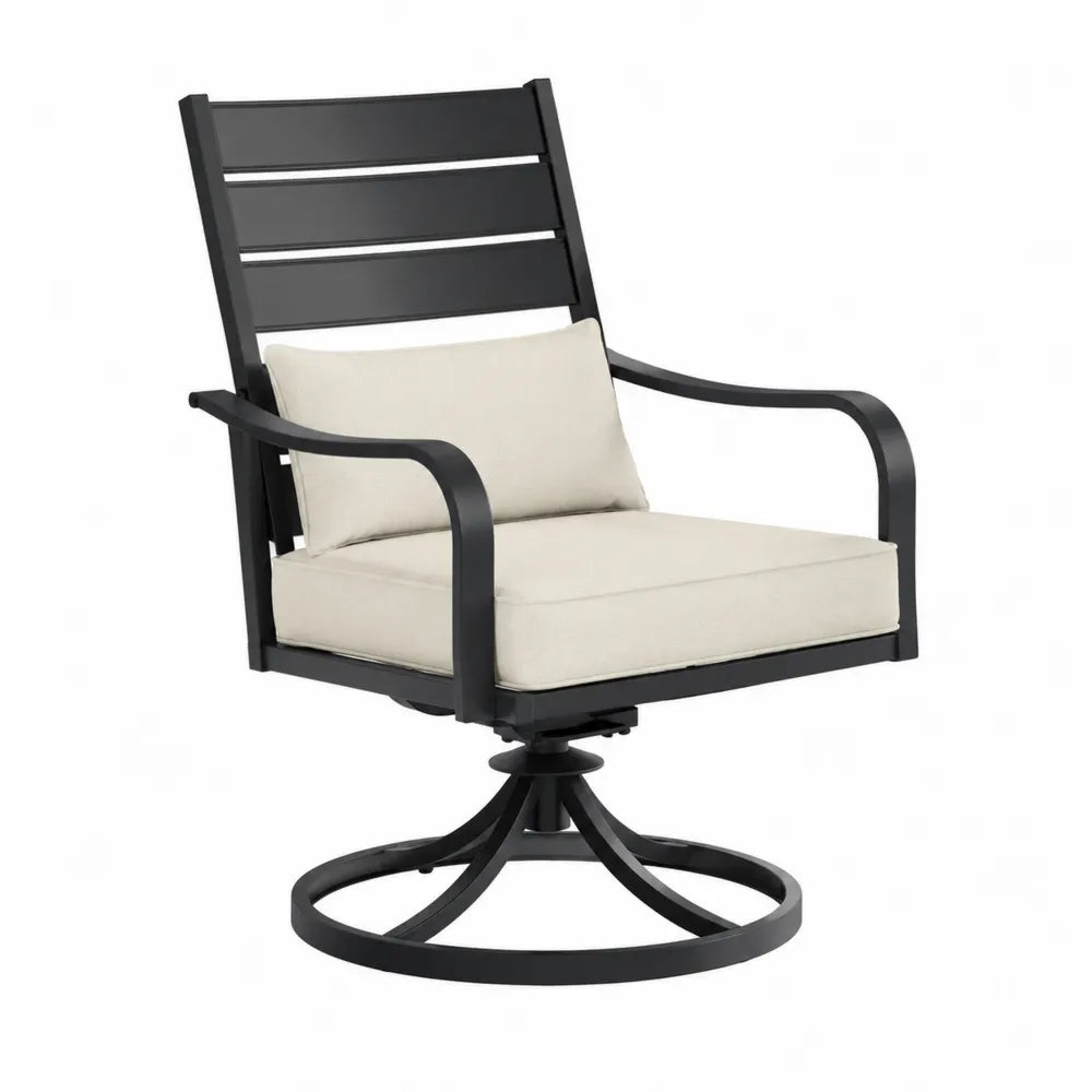 Poltrona da esterno girevole imbottita tessuto poliestere beige struttura in acciaio nero base rotante 75 cm 80 cm 90 cm