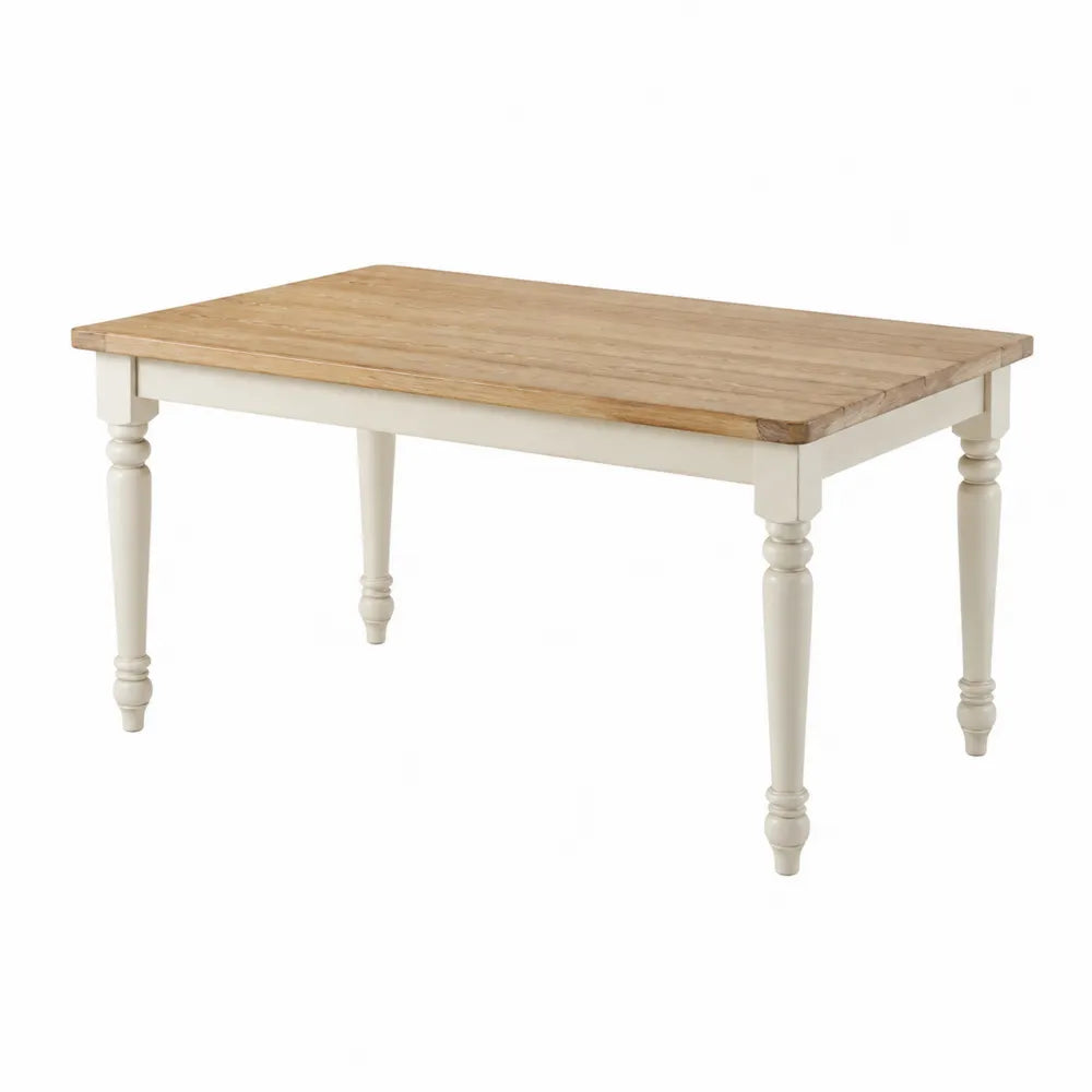 Tavolo da pranzo rettangolare 160 cm x 90 cm x 75 cm in legno massello con piano in rovere naturale e gambe tornite in legno verniciato bianco