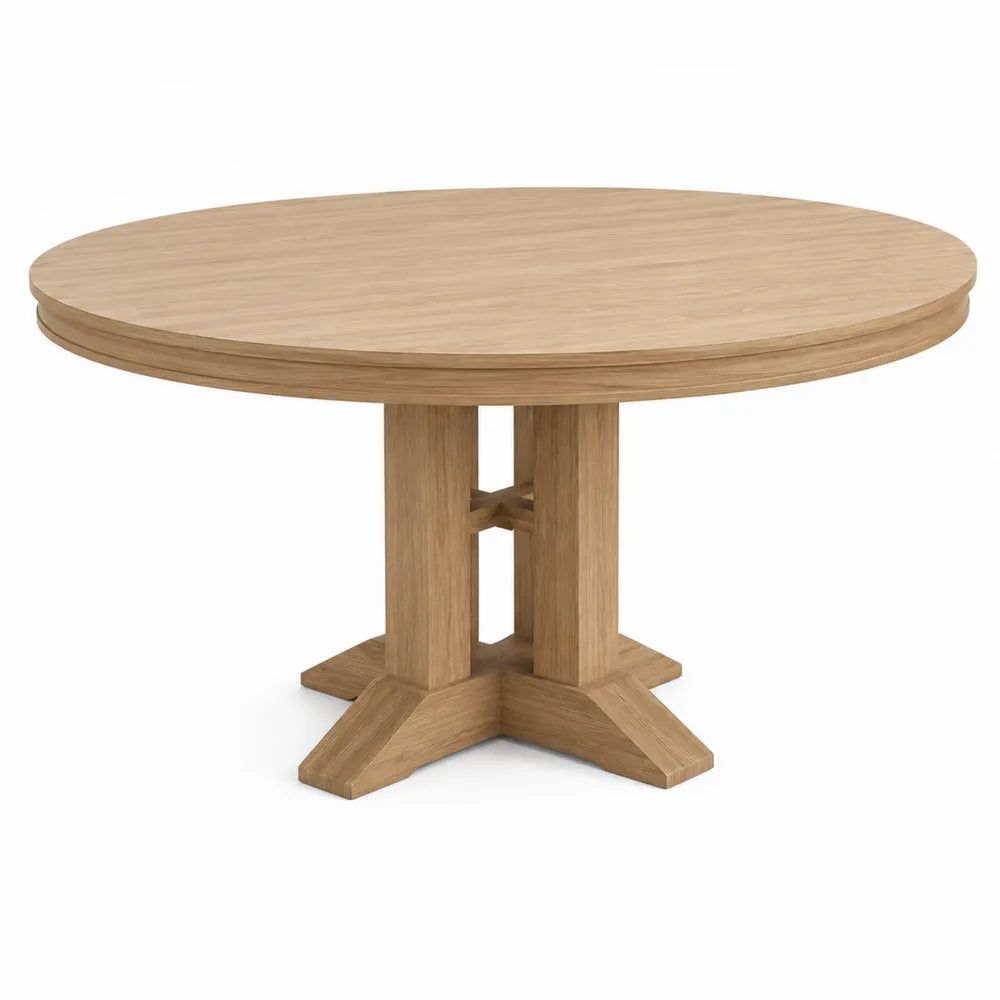 Tavolo da pranzo rotondo 120 cm in MDF effetto rovere naturale con base centrale a croce e struttura in legno