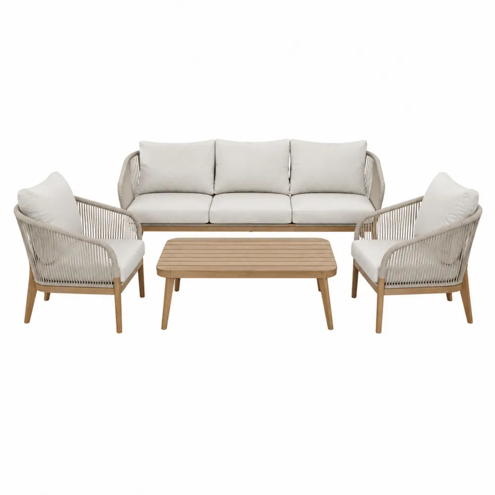 Set salotto da esterno 4 pezzi con divano 3 posti poltrone e tavolino struttura in legno corda PE e cuscini beige