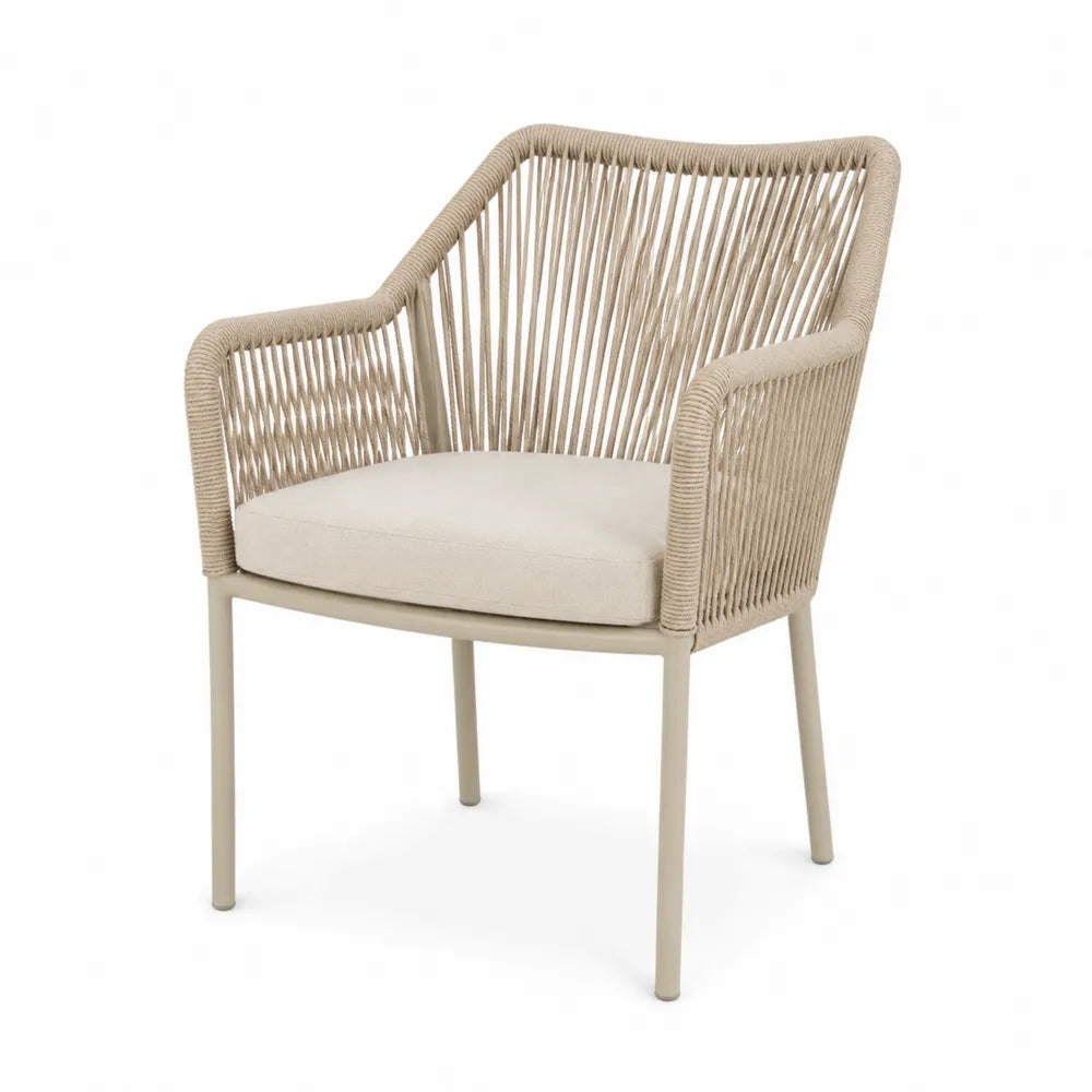 Poltrona da esterno in corda intrecciata PE struttura in alluminio verniciato beige con cuscino imbottito 60 cm 65 cm 85 cm