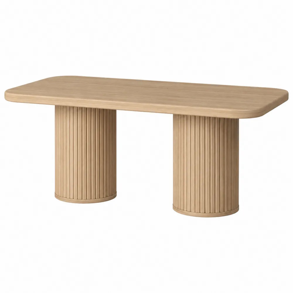 Tavolo da pranzo rettangolare 160 cm x 90 cm x 75 cm piano in MDF effetto rovere base doppia cilindrica scanalata in legno MDF naturale