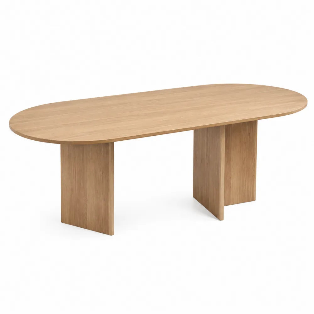 Tavolo da pranzo ovale 180 cm x 90 cm x 75 cm in MDF effetto rovere naturale con doppia base a pannello in legno