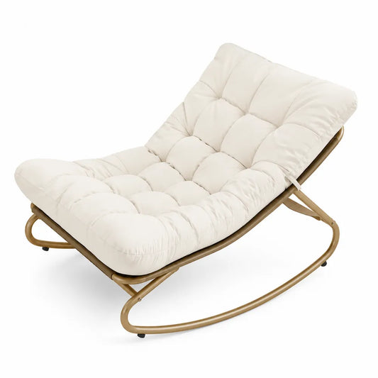 Sedia a dondolo da esterno in acciaio verniciato a polvere con cuscino in poliestere forma chaise longue colore avorio oro dimensioni circa 160 cm 60 cm 80 cm