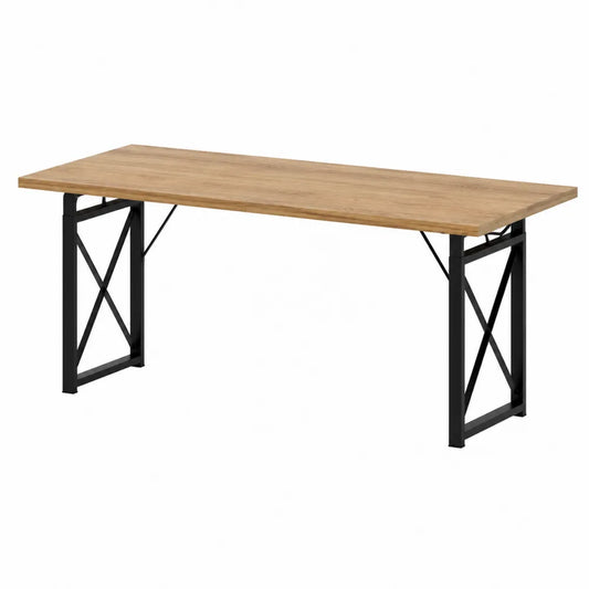 Tavolo da pranzo rettangolare 160 cm x 80 cm piano in MDF effetto rovere gambe in acciaio verniciato nero struttura incrociata