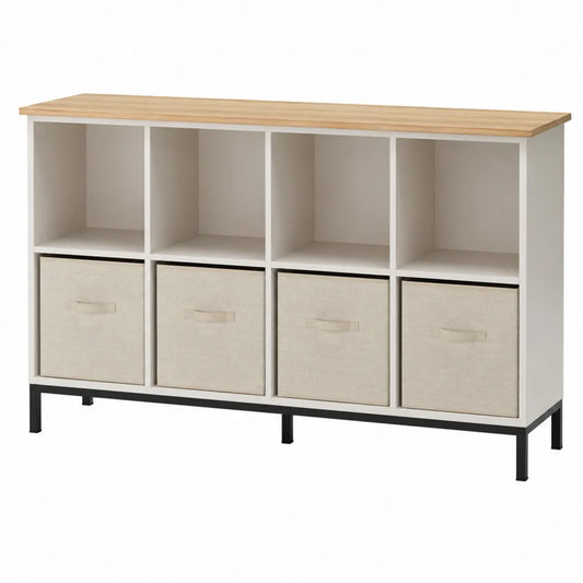 Credenza contenitore 120 cm x 40 cm x 80 cm in MDF bianco con piano effetto legno naturale struttura in metallo nero e cassetti in tessuto