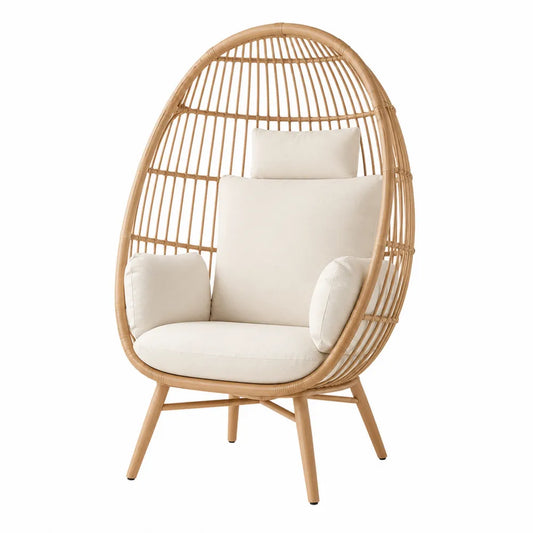 Sedia da esterno in rattan PE con cuscini beige struttura in legno naturale 85 x 80 x 140 cm