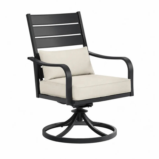 Poltrona da esterno girevole imbottita tessuto poliestere beige struttura in acciaio nero base rotante 75 cm 80 cm 90 cm