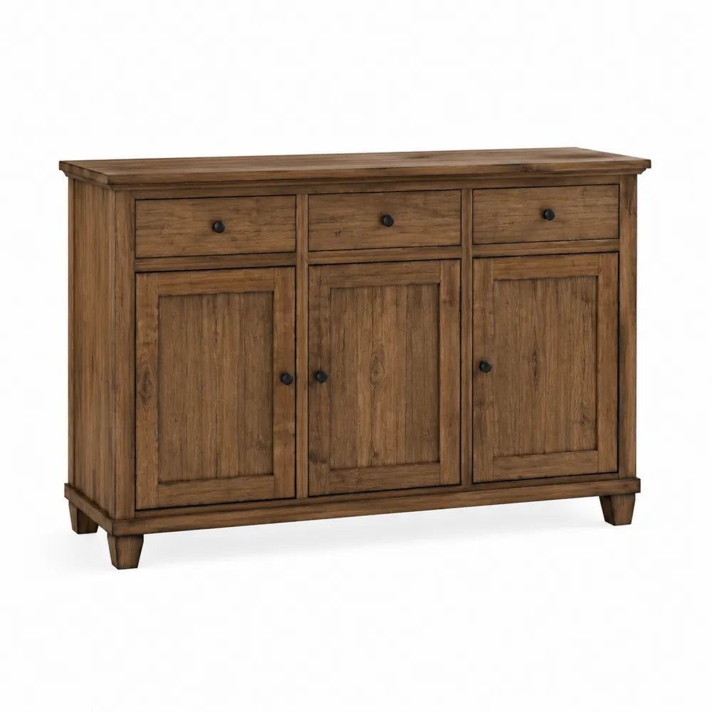 Credenza buffet 140 cm x 40 cm x 80 cm in MDF effetto noce con 3 cassetti e 3 ante struttura in legno con maniglie nere