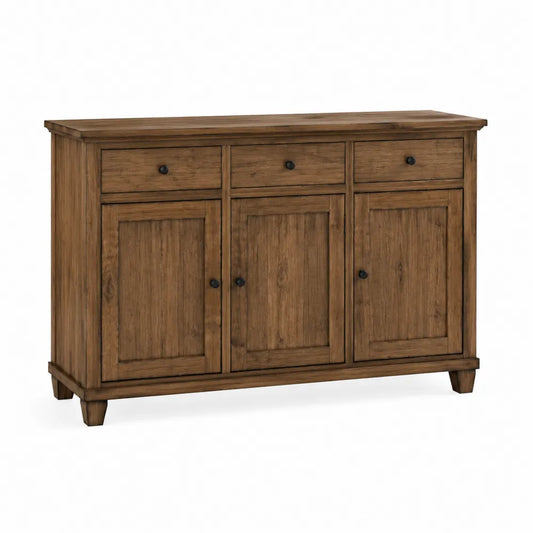 Credenza buffet 140 cm x 40 cm x 80 cm in MDF effetto noce con 3 cassetti e 3 ante struttura in legno con maniglie nere