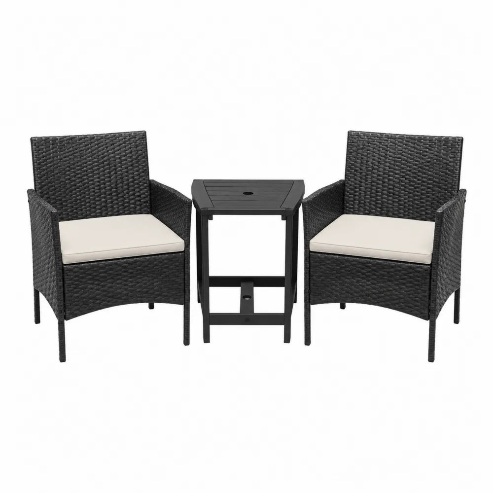 Set mobili da esterno con 2 sedie e tavolino in rattan sintetico PE e acciaio struttura rettangolare 60 cm x 60 cm x 80 cm e tavolo 45 cm x 45 cm x 50 cm colore nero beige