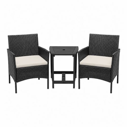 Set mobili da esterno con 2 sedie e tavolino in rattan sintetico PE e acciaio struttura rettangolare 60 cm x 60 cm x 80 cm e tavolo 45 cm x 45 cm x 50 cm colore nero beige