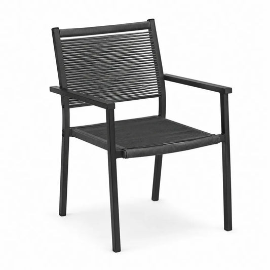 Sedia da esterno in acciaio verniciato nero e corda intrecciata PP colore nero dimensioni 55 cm 60 cm 85 cm