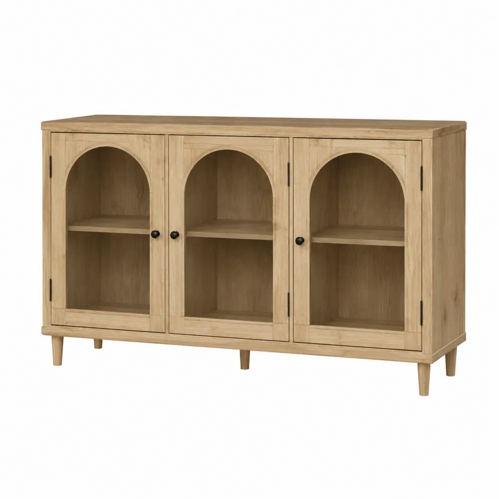 Credenza buffet 140x35x80 cm in MDF effetto rovere naturale chiaro con 3 ante ad arco e ripiani interni