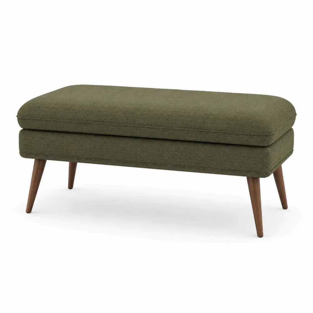 Panca imbottita tessuto poliestere verde oliva struttura in legno multistrato e legno massello gambe inclinate in legno naturale 100 cm 40 cm 45 cm
