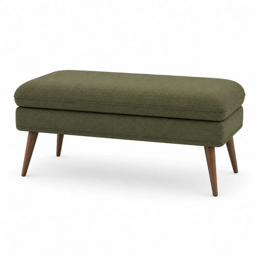 Panca imbottita tessuto poliestere verde oliva struttura in legno multistrato e legno massello gambe inclinate in legno naturale 100 cm 40 cm 45 cm