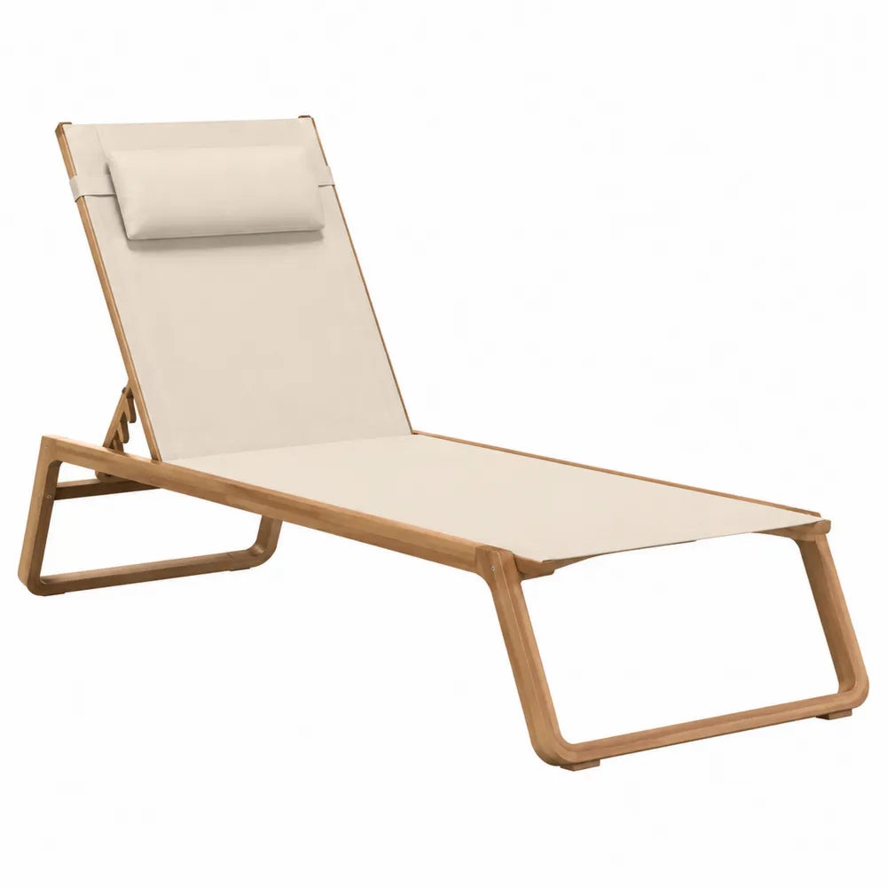 Lettino prendisole da esterno in legno massello con schienale reclinabile e cuscino beige 190 x 60 x 85 cm