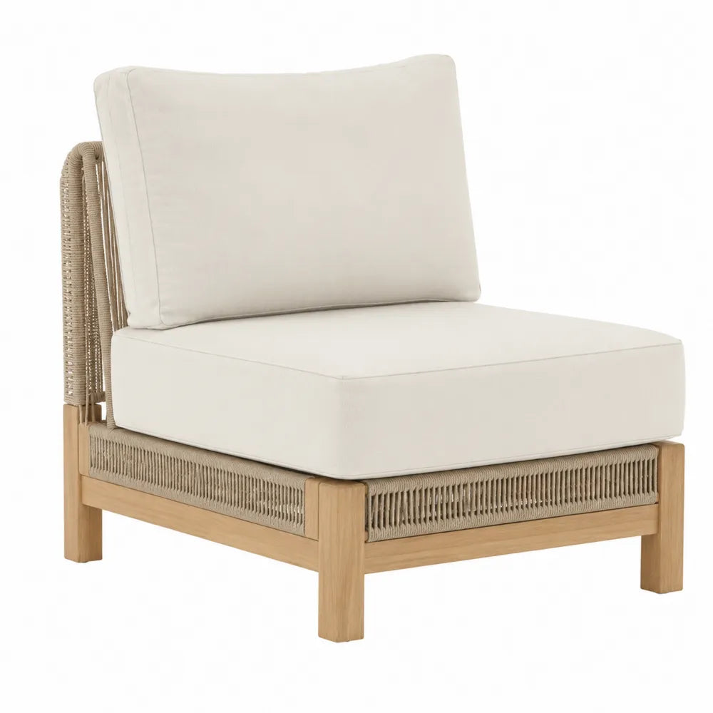 Poltrona da esterno in legno con intreccio laterale e cuscini in tessuto poliestere colore beige dimensioni circa 80 cm 80 cm 70 cm