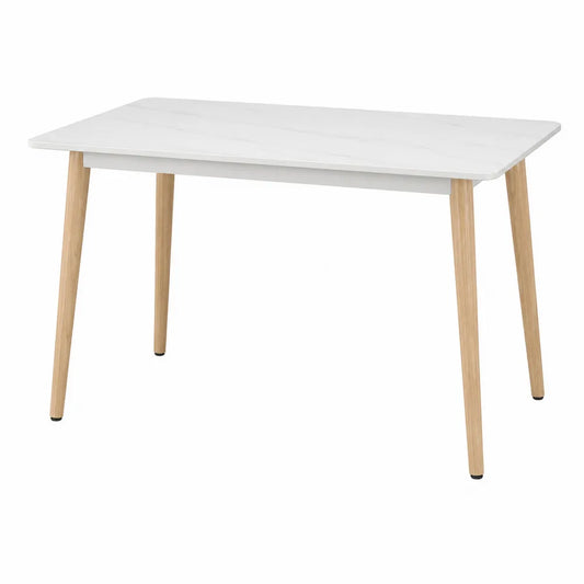 Tavolo da pranzo rettangolare 120 cm x 70 cm x 75 cm con piano effetto marmo bianco e gambe in legno naturale