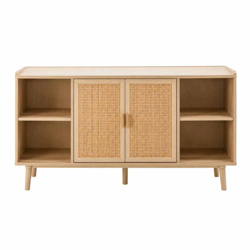 Credenza buffet in legno effetto rovere 120 cm x 40 cm x 80 cm con ante in rattan naturale e ripiani aperti laterali