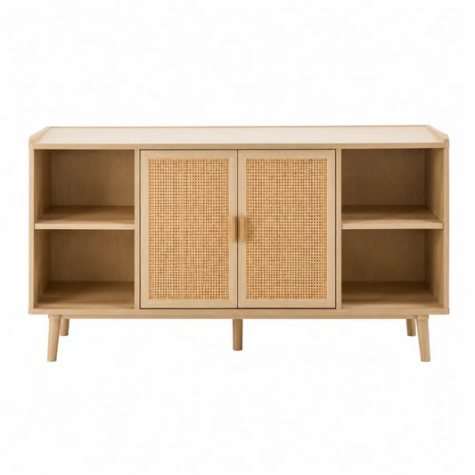 Credenza buffet in legno effetto rovere 120 cm x 40 cm x 80 cm con ante in rattan naturale e ripiani aperti laterali