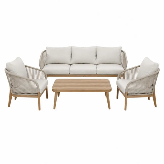 Set salotto da esterno 4 pezzi con divano 3 posti poltrone e tavolino struttura in legno corda PE e cuscini beige