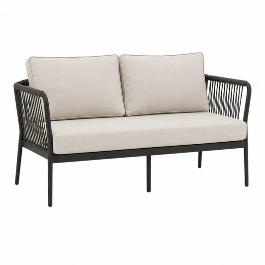 Panca da soggiorno 2 posti con struttura in metallo nero e corda intrecciata seduta in tessuto poliestere beige circa 130 cm 70 cm 75 cm