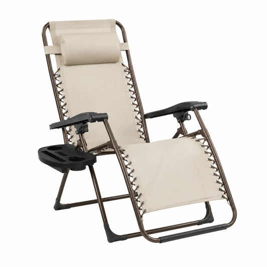 Sedia sdraio reclinabile da esterno in acciaio verniciato bronzo con tessuto poliestere beige e portabicchieri 165 cm 65 cm 110 cm